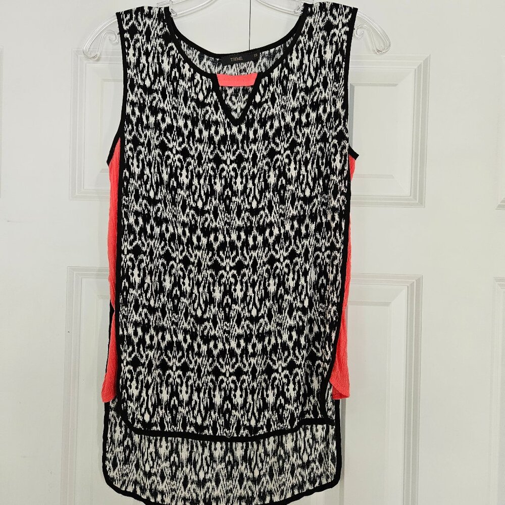 THML Black/White Print with Coral Accents Sleeveless Top, XS